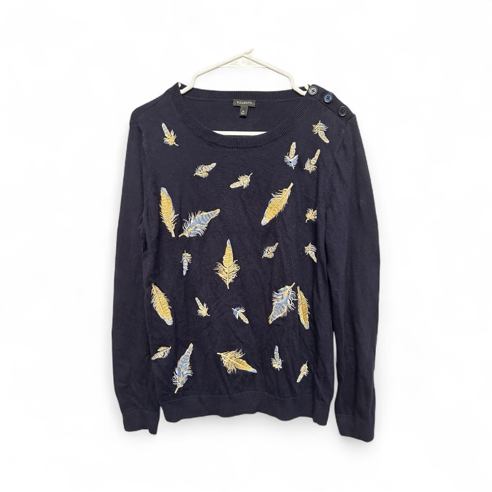 Talbots Dark Blue Feather Motif Sweater Size Medium
